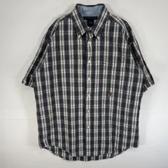 古着 トミーヒルフィガー TOMMY HILFIGER シアサッカー 半袖シャツ 旧ロゴ 刺繍 ボタンダウン チェック L  ネイビー系 マルチカラー メンズ
