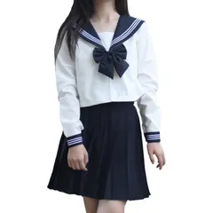 ホワイト_M [FAVORABLE SCENERY] セーラー服 レディース 長袖 シャツ スカート 上下セット 前開き コスプレ JK 制服 コスチューム 白 ネイビー 高校生