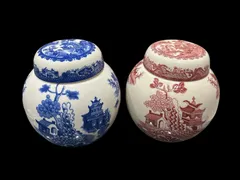 2点まとめ売り 60's Royal Cauldon ロイヤル コールドン MASON'S メイソンズ イギリス製 英国 陶器 ブルー ウィローパターン 茶葉入れ 小壷 ジンジャーポット キャニスター 保存容器 花瓶 ヴィンテージ 王室 王冠 AL(出)11