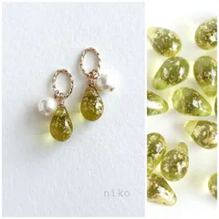 ◆ 172 オリーブ ゴールド しずく ガラス パール ピアス イヤリング ◆ 新色 大人 上品 シンプル 小ぶり プチプラ ハンドメイド 緑 グリーン