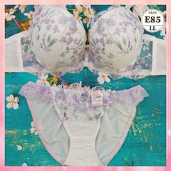 ★E85/LL☆美胸ブラ＆ショーツセット 脇高 美シルエット 谷間メイク 脇サイドスッキリ フラワーガーデン 白×紫