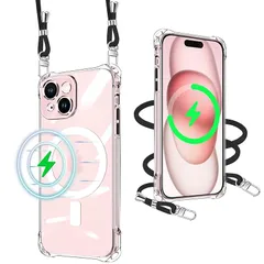 iPhone 15 Plus 用 ケース クリア Magsafe対応 マグネット搭載 ショルダー ストラップ付 携帯カバー 耐衝撃 全面保護 アイフォン15 Plus 用 スマホケース 紐付き 肩がけ 首掛け 縄掛けケース TPU 薄型 軽量 き調節可能  0