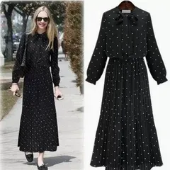 ドット柄 マキシ丈 プリーツ ボウタイ ワンピース マキシ アンクル丈 袖あり 長袖 フレア リボン かわいい 大人可愛い きれいめ シンプル カジュアル 大人 上品 おしゃれ 大人女子 こなれ感 ラブリー キュート ガーリー モード系 エレガント モダン フ