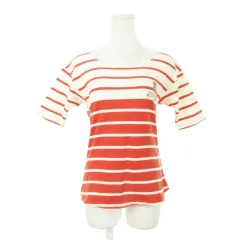 バーバリーブルーレーベル BURBERRY BLUE LABEL カットソー ラウンドネック 半袖 ロゴ刺繍 コットン ボーダー 38 M オレンジ /AH10 ■GY18