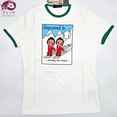 DSQUARED2 ディースクエアード 半袖 リンガーTシャツ カットソー L サイズ スキーをする双子 プリント ホワイト/グリーンカラー コットン100％ 未着用品 タグ カード イタリア製 男女兼用 71XM265