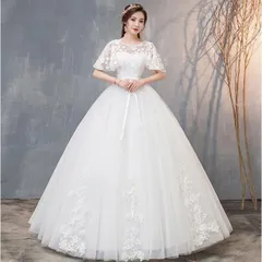 【送料無料】ウェディングドレス ハイウエスト 妊婦もOK 大きいサイズ 袖あり Vネック 着痩せ ぽっちゃり 結婚式 編み上げ 発表会 パーティ【新作登場】ZZ520