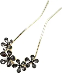 Miaomyao ミャオミャオ 簪 かんざし バチ型 和装 留袖 着物 髪飾り 金属 アンティーク クリスタル フラワー 桜 花 キュービックジルコニア U字 コーム ゴールド ヘアアクセサリー(ブラック,  大きめ)