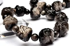 繊細彫刻 シルバーオブシディアン 16x16(丸玉8)mm 獅子舞彫刻 ブレスレット 1個売り パワーストーン 天然石 _BG5135