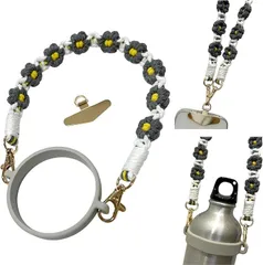 アリス Hi-Craft ハンドストラップ スマホストラップ 手首 携帯ストラップ おしゃれ かわいい ペットボトルホルダー付 フォンタブ 金具 2way(グレーホワイト)