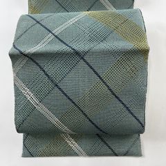 名古屋帯 美品 秀品 八寸名古屋帯 松葉仕立て 斜格子 金糸 組織 灰緑 正絹 【中古】