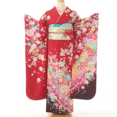 赤　振袖セット７点　上品　正絹　　成人式　帯　帯あげ　帯締め　Lサイズ 古典