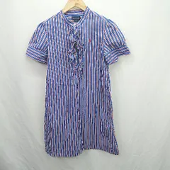 ◇ ⊂ RALPH LAUREN ストライプ柄 フリル ワンポイント 半袖 ミニ丈 ワンピース サイズ16 ブルー系 レディース E  【1507030011130】