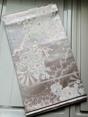 袋帯 正絹 / 銀色系 シルバー系 / 草花文 さくら 桜  幅約31cm 着物帯 TCS着物 W57