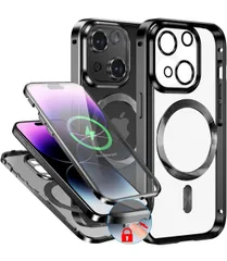 ★WMT iPhone14 Pro Max ケース「magsafeケース+両面ケース+360°保護 」金属ボタンロック、ワイヤレス充電対応 6.7インチスマートフォンケース（本体の色・ブラック）