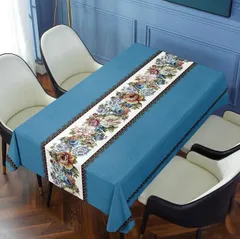 北欧テーブルクロス（フワラーブルー）　防水と耐油PVC テーブルマット