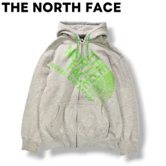 【ゴールドウィン製】 ノースフェイス THE NORTH FACE ロゴ プリント ジップ パーカー スウェット トレーナー 裏起毛  L グレー x グリーン アウトドア カジュアル ウェア メンズ