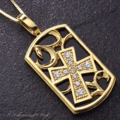 ネックレス メンズ 18金 K18 ゴールド オニキス ダイヤモンド ドッグタグ クロス 十字架 地金 日本製 刻印入り 鑑別書付き