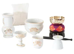 新品 陶器 香炉灰付き 香炉+火立て+花立て+茶器+仏器+おりんセット 仏具セット 白磁金蓮 ミニ仏壇用 仏具6点セット