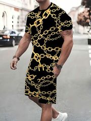 チェーン柄 半袖シャツセットアップ ハーフパンツ 上下 黒×黄 042 柄シャツ 大きいサイズ ヤクザ ヤンキー オラオラ系 悪羅悪羅 服 メンズ ファッション