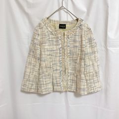 美品 RULe レディース ジャケット M ノーカラー ツイード アイボリー ベージュ ブラウン ブルー チェック ゴールド フリンジ ペプラム 七分袖 キレイめ フォーマル お仕事着