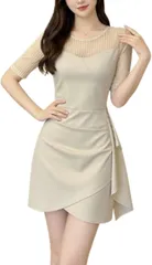 あすなろbox ワンピース レディース ドレス タイト ミニ丈 ストライプ シースルー袖 上品 パーティー 二次会 キャバ 通勤 オフィス(アイボリー,  L)