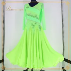 社交ダンス 衣装 スタンダードドレス スタンダード 社交ダンスドレス ドレス ワンピース 黄緑 蛍光 競技 デモ グリーン系 レース 上品 蛍光ドレス フレアスカート 競技衣装 ダンスウェア おしゃれ 派手 ステージ衣装 軽量 Sサイズ