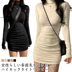 スリム 裏起毛 セクシー 大人 ミニ 長袖 大きいサイズ シンプル タイトワンピース 暖かい 秋冬 着痩せ サイドシャーリング ハイネック おしゃれ シンプル サイドシャーリング S M L XL 2#matud562322
