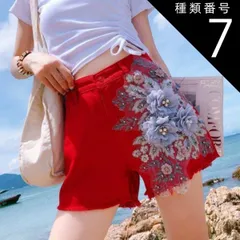 種類7：ブラック/4XL ビジュー 花モチーフ デニム ショートパンツ ボトムス パンツ デニムパンツ ミニ ミニ丈 ショート ショート丈 レース 刺繍 ファスナー ポケット デニム かわいい 大人可愛い カジュアル おしゃれ お洒落 かっこいい こなれ感 ラ