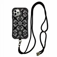 [iPhone14 Pro] スマホショルダー付 iPhone13 i-coronケース アイフォン 15 Pro 13 12 XS XR se2 se3 8Plus スマホケース 耐衝撃 カバー 側面保護 ダマスク柄 ブラック かわいい