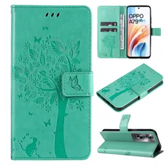 【迅速発送】【Kawasina】OPPO A79 5G ケース 手帳型 おしゃれ 猫 蝶々 内蔵マグネット カードポケット スタンド機能 オッポ A79 5G ケース 防塵 軽量 耐衝撃 全面保護 (グリーン OPPO A79 5G)