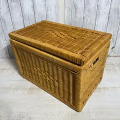 【値下げ交渉歓迎】収納ケース ラタン 蓋付き 昭和レトロ 籐家具 幅48cm 高さ32cm 収納バスケット ナチュラル素材 アンティーク調 小物整理 和モダン インテリア 即購入OK