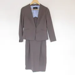 美品 green label relaxing グリーンレーベルリラクシング ストレッチ ノーカラージャケット スカートスーツ セットアップ XS グレー レディース 古着 中古 USED