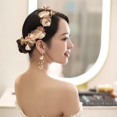 ヘッドドレス&イヤリング2点セット　ゴールドウェディング 結婚式7/13