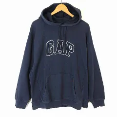 ギャップ GAP パーカー スウェット プルオーバー オーバーサイズ デニム ロゴ 刺繍 フード 裏起毛 長袖 M 紺 ネイビー オフ白