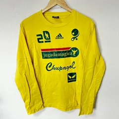 (^w^)b adidas アディダス クルーネック 長袖カットソー Tシャツ ロンT トップス コットン 綿100% jugadamagica バックプリント スポーツMIX イエロー メンズ サイズL