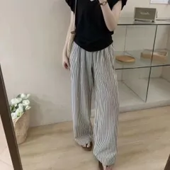 レディース ワイドパンツ ストレート ストライプ柄 カジュアル イージーパンツ 薄手 トレンド 透けない ゆったり 着痩せ 足長効果 夏 おしゃれ ウエストゴム きれいめ