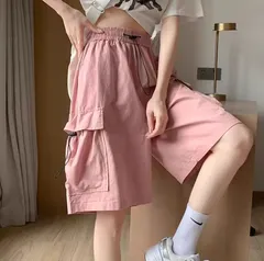 カーゴパンツ ショートパンツ ピンク 膝丈 レディース 体型カバー ウエストゴム ゆったり ストリート カジュアル 夏服 脚長見え ポケット付き 可愛い 韓国ファッション ショーツ ボトムス 低身長 高身長 春 夏 コーデ [1064]