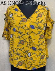 【美品】 G29 AS KNOW AS Pinky/アズノゥアズピンキー 半袖ブラウス からし色/花柄 Vネック カットアウト 紐 トップス レディース 匿名配送