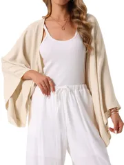 Seta T レディース サマー リネン カーディガン 七分袖 ルーズスリーブ オープンフロント カバーアップ 軽量 シュラッグ アプリコット M