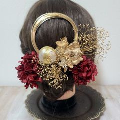 HANAゴールドワインレッドホワイト髪飾り七五三成人式結婚式卒業式袴和玉組紐水引ドライフラワー