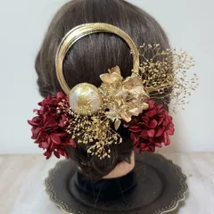 HANAゴールドワインレッドホワイト髪飾り七五三成人式結婚式卒業式袴和玉組紐水引ドライフラワー