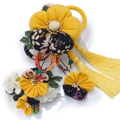 髪飾り 成人式 振袖 袴 ３点セット 黄 椿 大人 浴衣 かんざし 簪 卒業式 フォーマル 結婚式 花飾り つまみ細工 ちりめん W58 W294-385 髪飾り 黄 m982　WSi