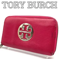 TORY BURCH トリーバーチ レザー ラウンドファスナー 長財布 ロングウォレット ビックロゴ金属プレート ゴールド金具  ロゴ刻印 レッド系  小銭入れ カード入れ