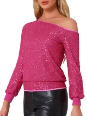 Allegra K トップス ブラウスTシャツ オフショルダー スパンコール 長袖 パーティー 弾性カフ レディース ホットピンク S