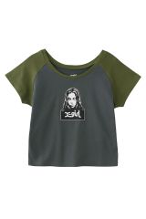 X-girl エックスガール 105252011001 FACE RAGLAN S/S BABY TEE フェイスラグランベビーTシャツ CHACOAL 正規通販 レディース