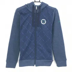 【超美品】アディダス ニットジップパーカー ネイビー×ブルー 前身頃ゴルフクラブ柄 裏起毛 切替素材 レディース L/G ゴルフウェア adidas