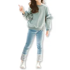 【新着商品】女の子 パステルブルー カジュアル 上下セット デニムパンツ トレーナー 韓国 長袖 セットアップ 子供服 キッズ [Lezalic]