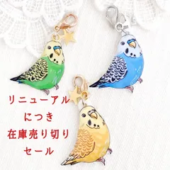 セール中！　セキセイインコ ストラップ チャーム 青 緑 黄色 イエロー シルバー プラ板 レジン 星 スター ブルー グリーン