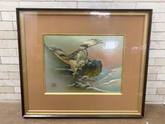◆北秀玉 鷹 銅板 彫刻 パネル 金属工芸 彫金画 額装 壁掛け インテリア 縁起物 飾り 額寸 70.5cm×60cm (他145)