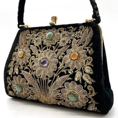 【良品】 IBIZA イビザ KYOAI キョウアイ ハンドバッグ  パーティバッグ ビジュー 刺繍 がま口 コーデュロイ ブラック 黒色 ユニセックス 男女兼用 メンズ レディース